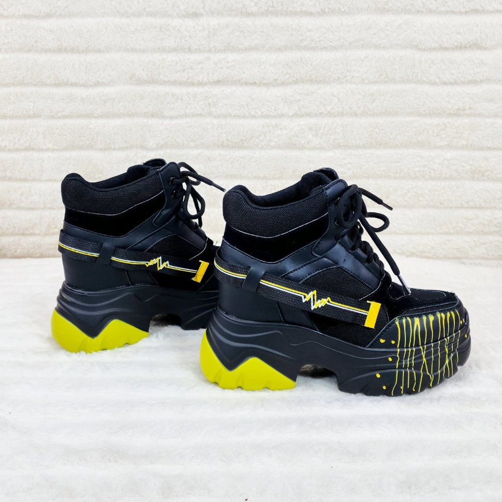 Anthony Wang Dated Black Yellow Hidden Wedge Platform Sneakers Rib Tread Design
